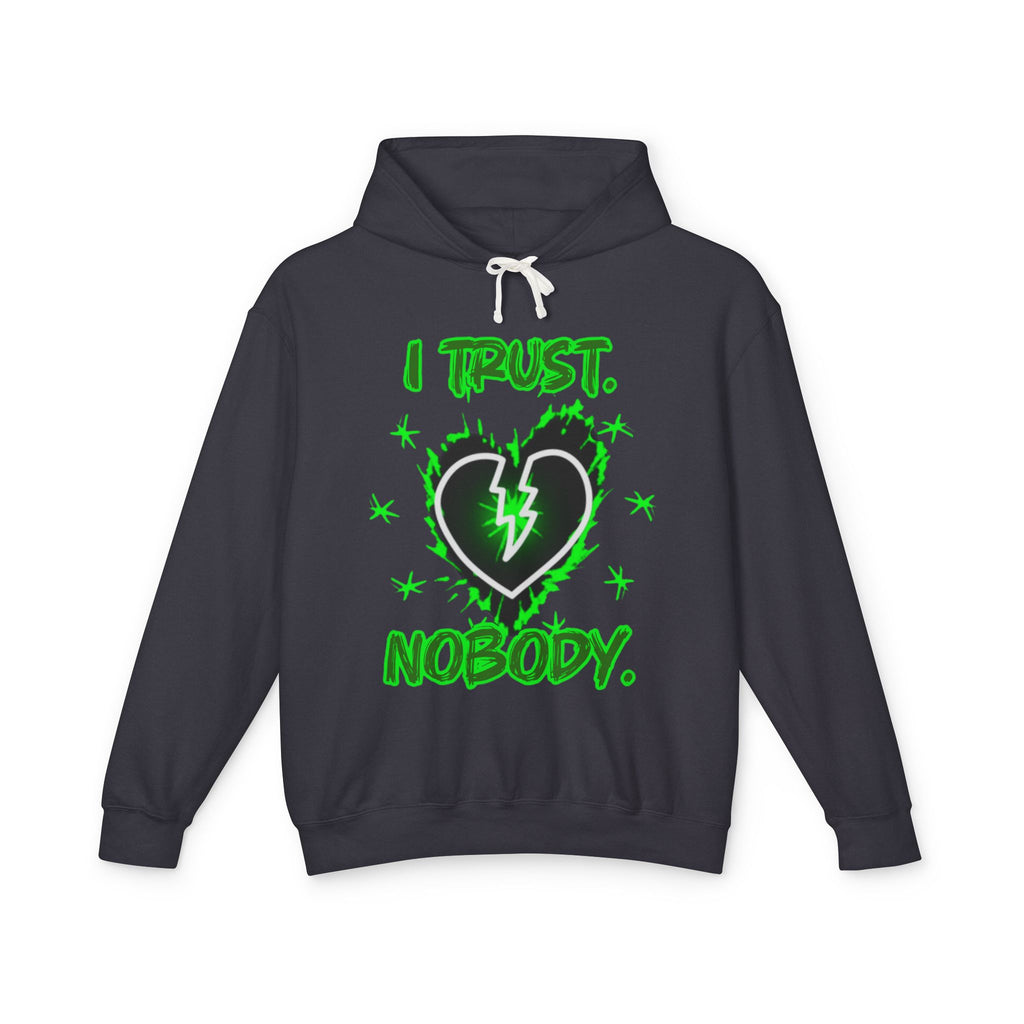 I Trust Nobody Hoodie — Neon Green Broken Heart Graphic Hooded Sweatshirt
