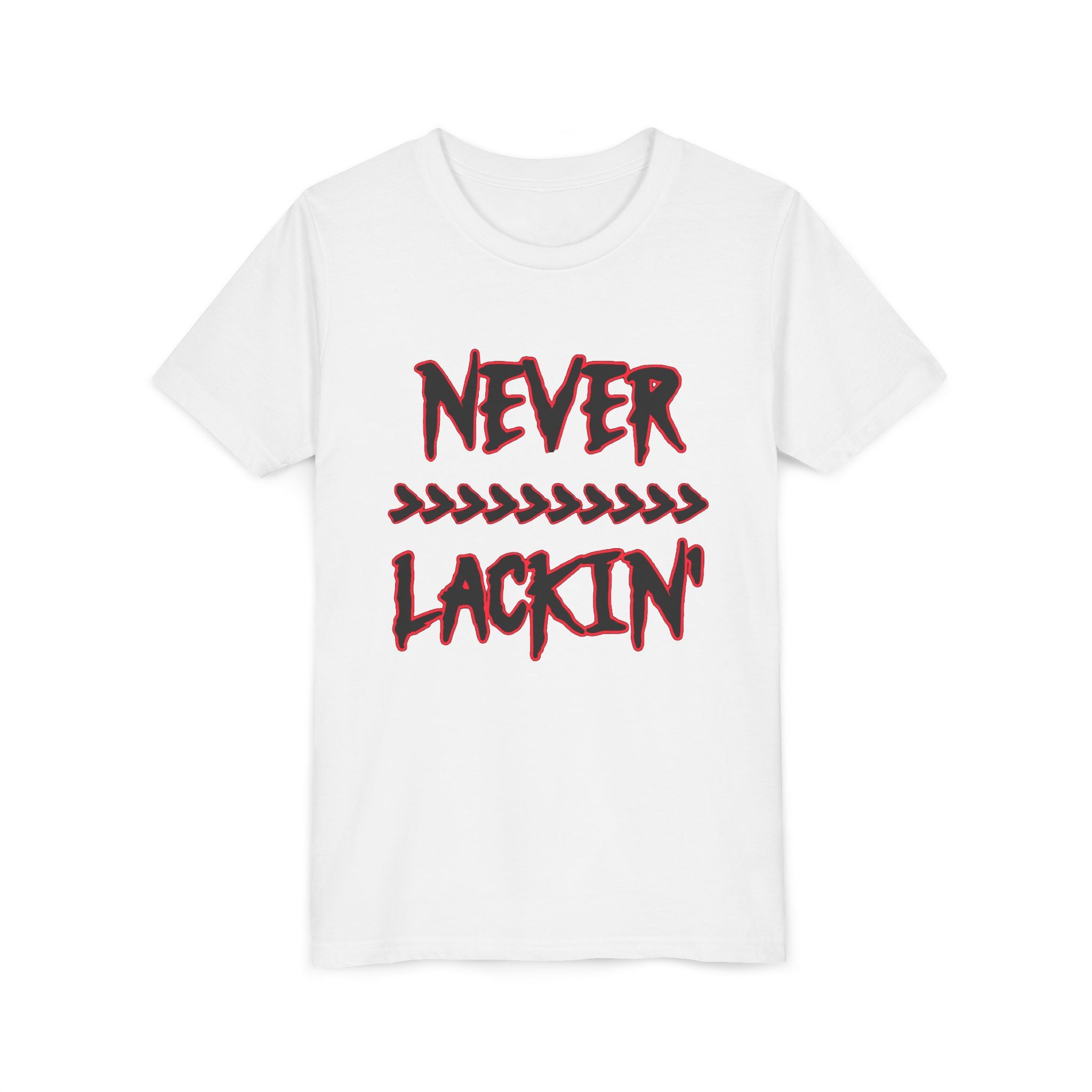 Youth Tee — "Never Lackin'" Graphic Tee (Red Distressed Stars)
