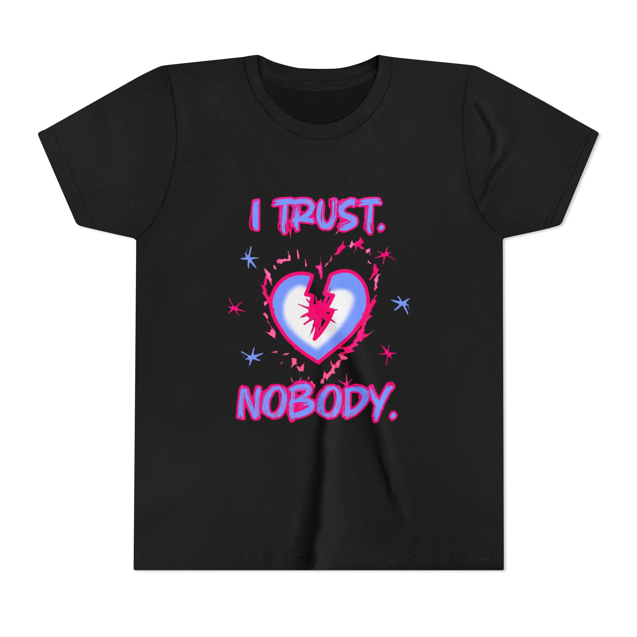 Youth Tee - 'I Trust Nobody' Neon Pink and Blue Broken Heart Graphic