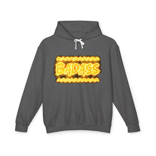 Badass Flame Graphic Hoodie — Bold Retro Fire Text Lightweight Hooded Sweatshirt