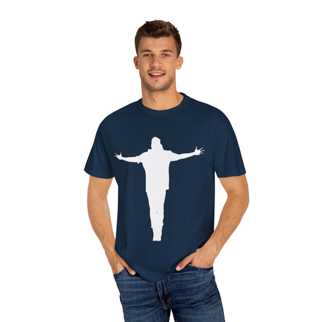 Cruciform Silhouette T-Shirt — Minimalist Jesus Outline Graphic Tee