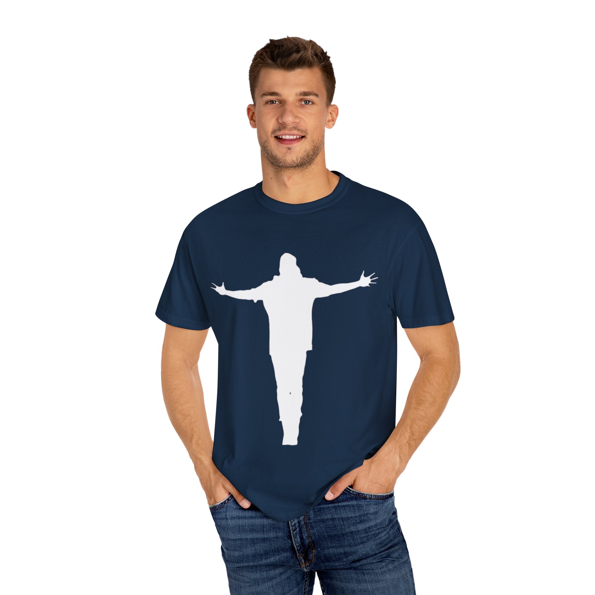 Cruciform Silhouette T-Shirt — Minimalist Jesus Outline Graphic Tee