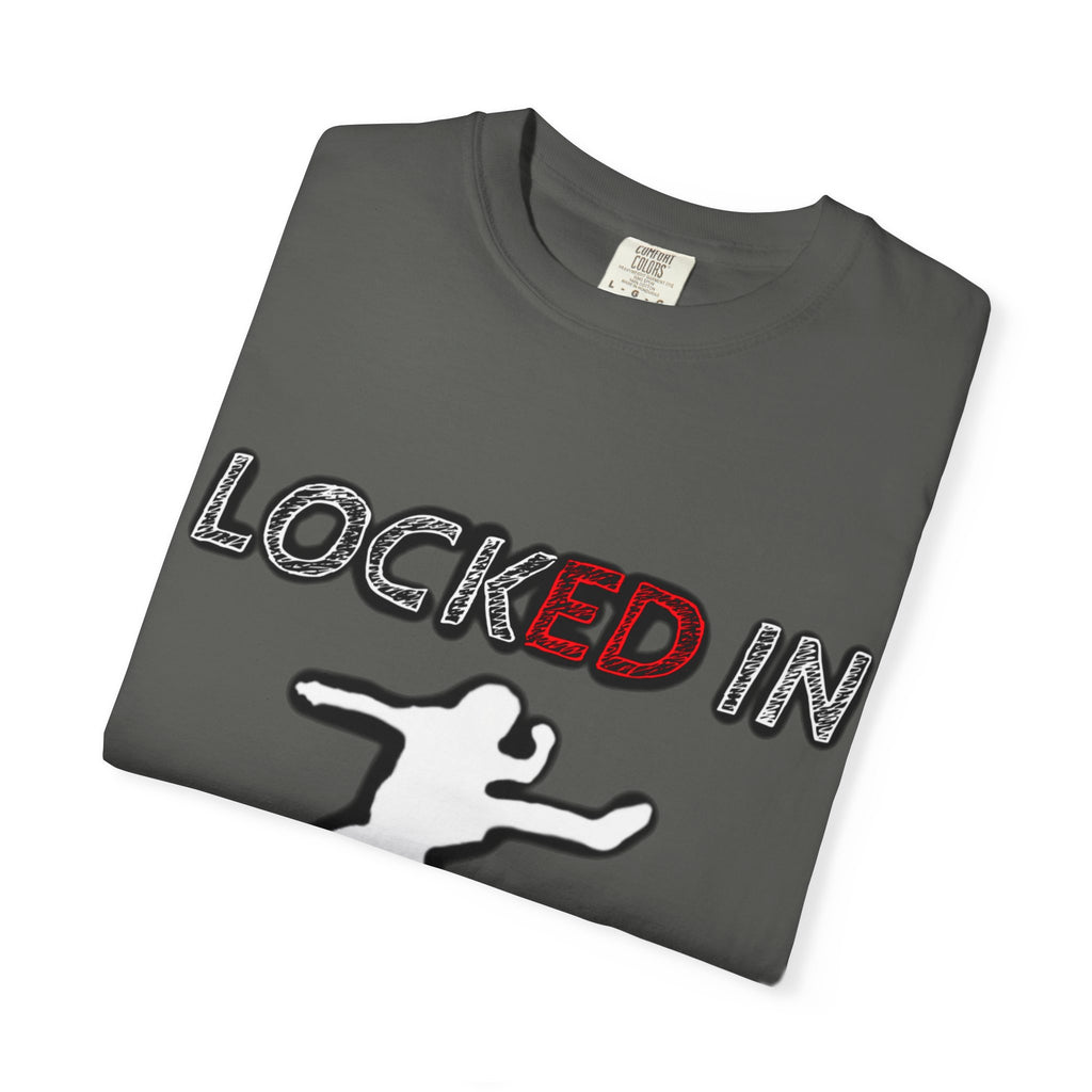 Locked In Graphic T-Shirt — "LOCKED IN" Bold Text with Silhouette & Red Star Back Design