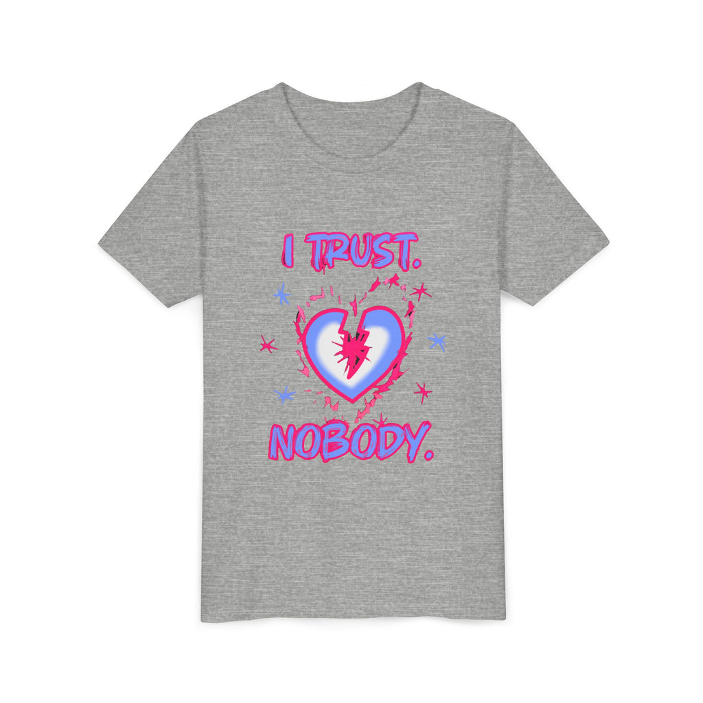 Youth Tee - 'I Trust Nobody' Neon Pink and Blue Broken Heart Graphic