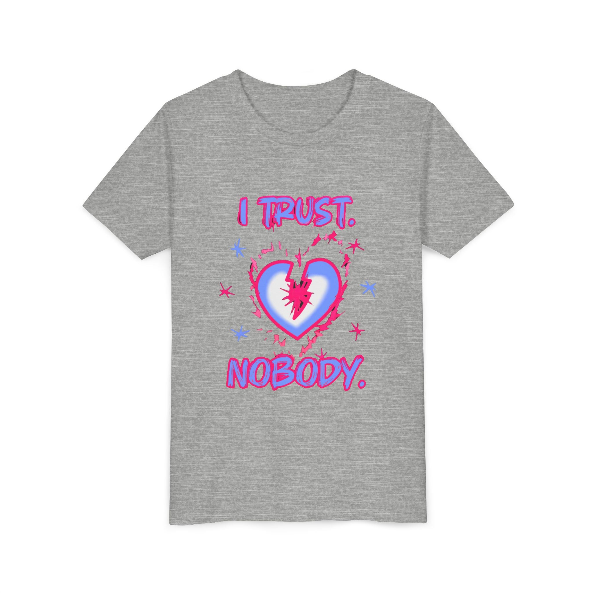 Youth Tee - 'I Trust Nobody' Neon Pink and Blue Broken Heart Graphic