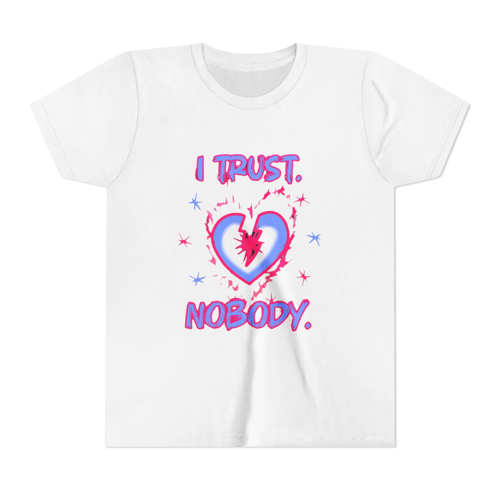 Youth Tee - 'I Trust Nobody' Neon Pink and Blue Broken Heart Graphic
