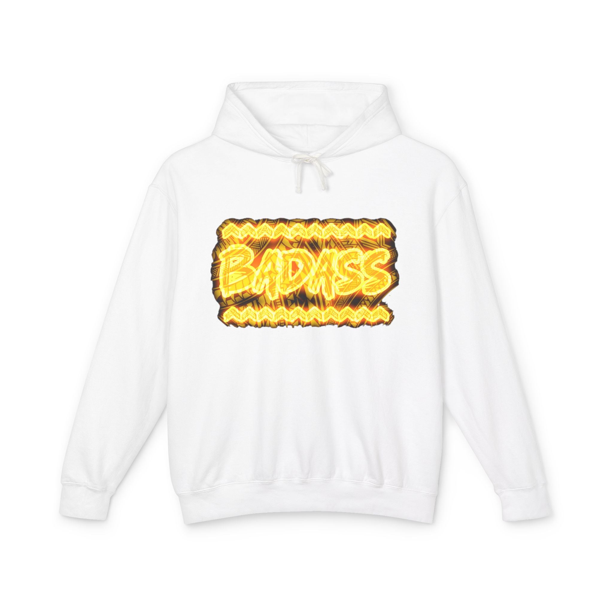 Badass Flame Graphic Hoodie — Bold Retro Fire Text Lightweight Hooded Sweatshirt