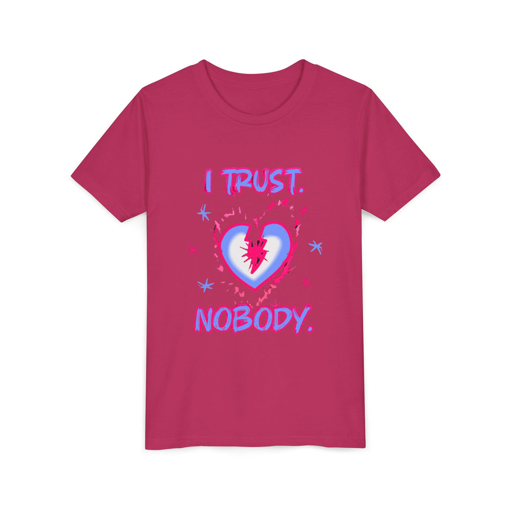 Youth Tee - 'I Trust Nobody' Neon Pink and Blue Broken Heart Graphic