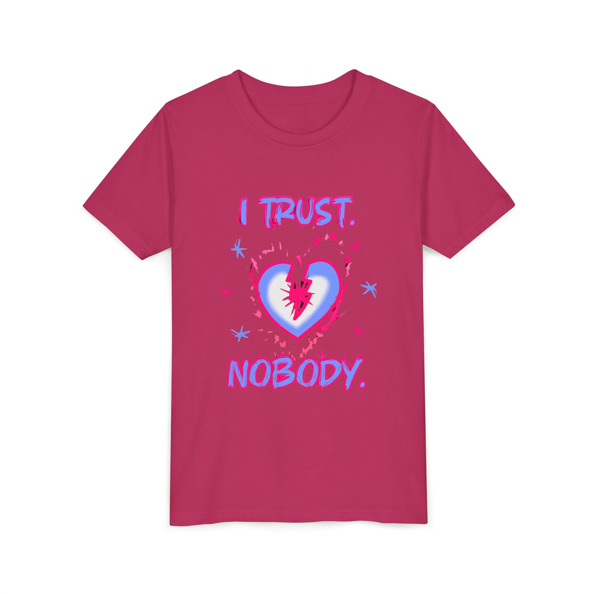 Youth Tee - 'I Trust Nobody' Neon Pink and Blue Broken Heart Graphic
