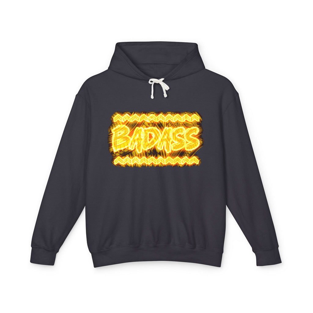 Badass Flame Graphic Hoodie — Bold Retro Fire Text Lightweight Hooded Sweatshirt