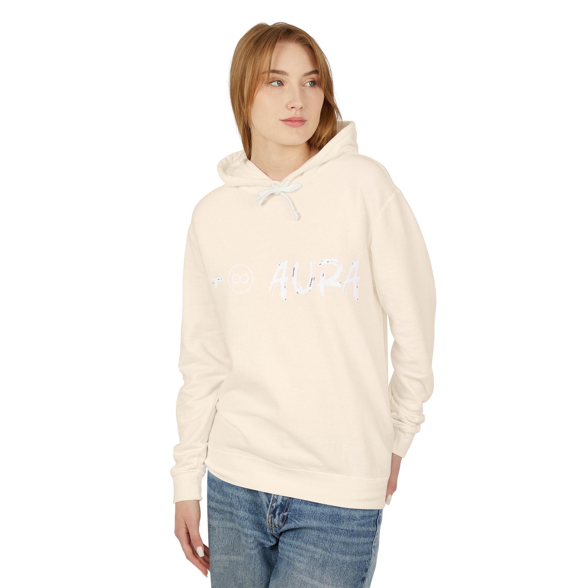 Aura Hoodie — Soft Cream Lightweight Hooded Sweatshirt with Subtle "aura" Script