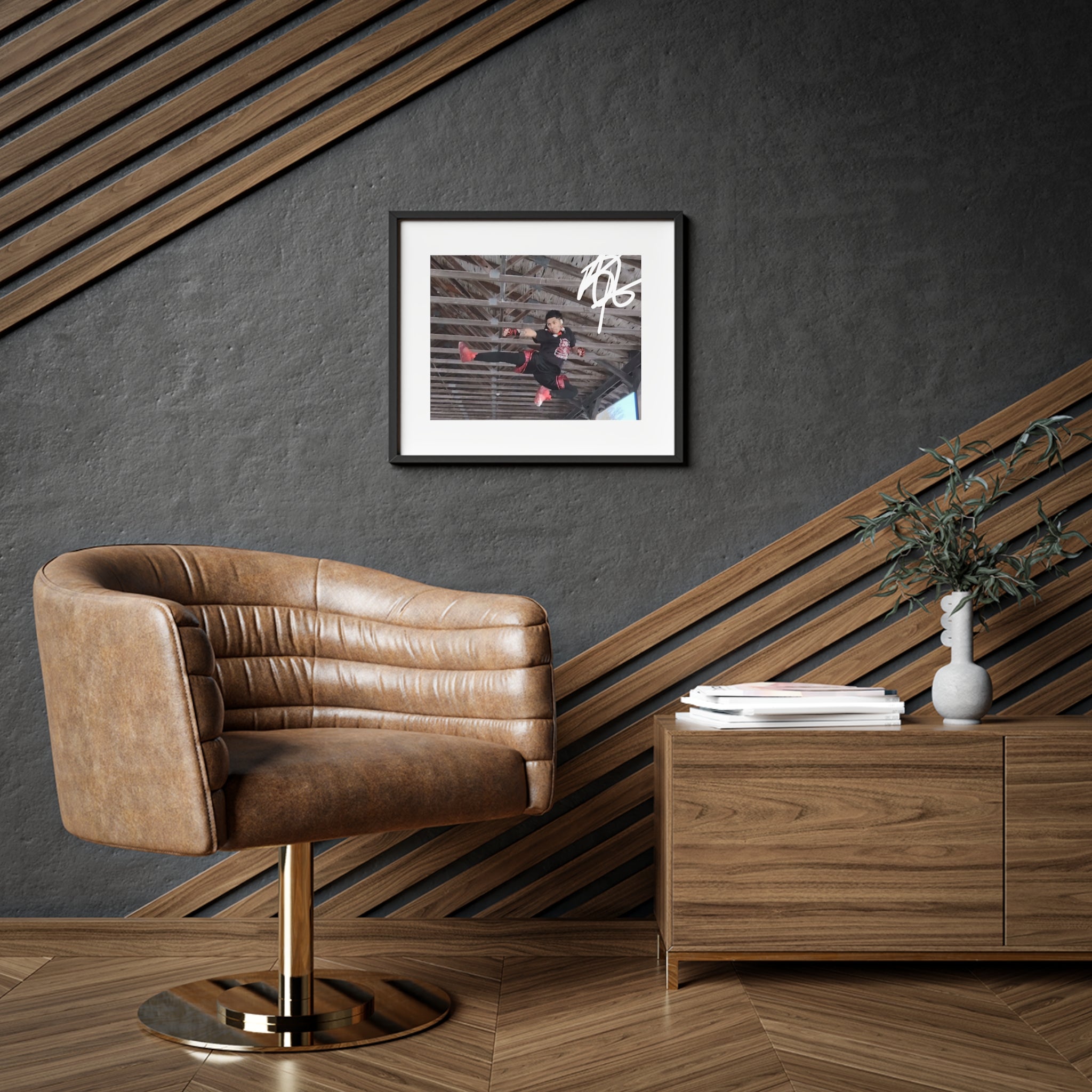 Framed Matte Poster — Urban Action Photo with Signature