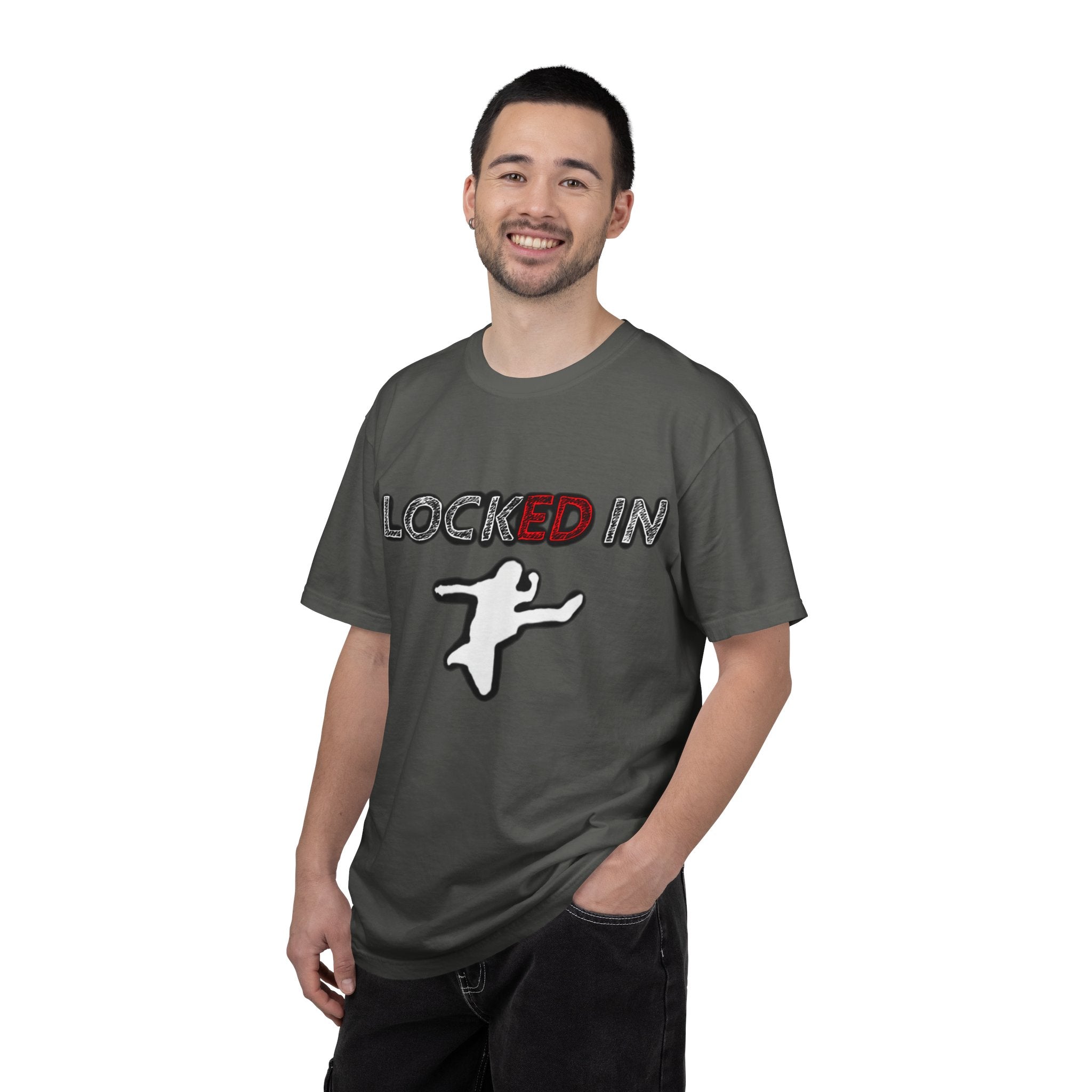 Locked In Graphic T-Shirt — "LOCKED IN" Bold Text with Silhouette & Red Star Back Design