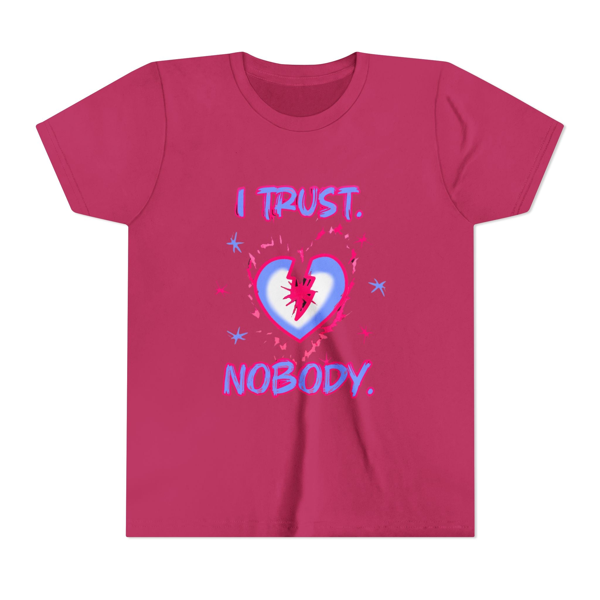 Youth Tee - 'I Trust Nobody' Neon Pink and Blue Broken Heart Graphic