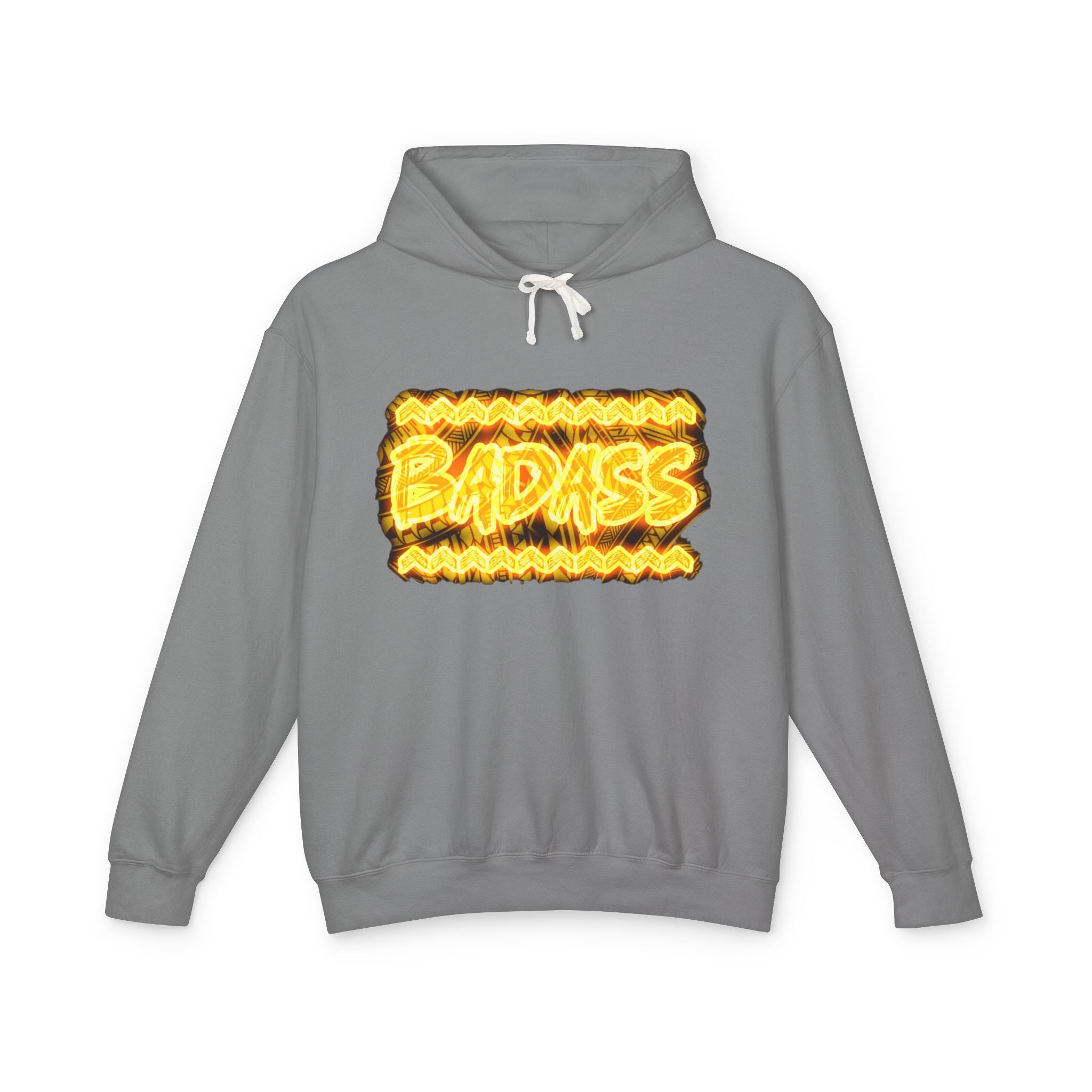 Badass Flame Graphic Hoodie — Bold Retro Fire Text Lightweight Hooded Sweatshirt