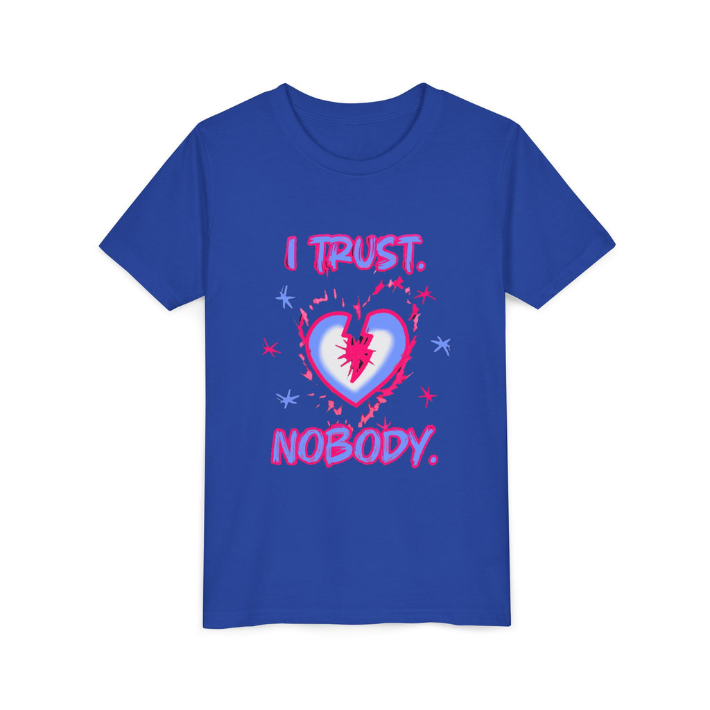 Youth Tee - 'I Trust Nobody' Neon Pink and Blue Broken Heart Graphic