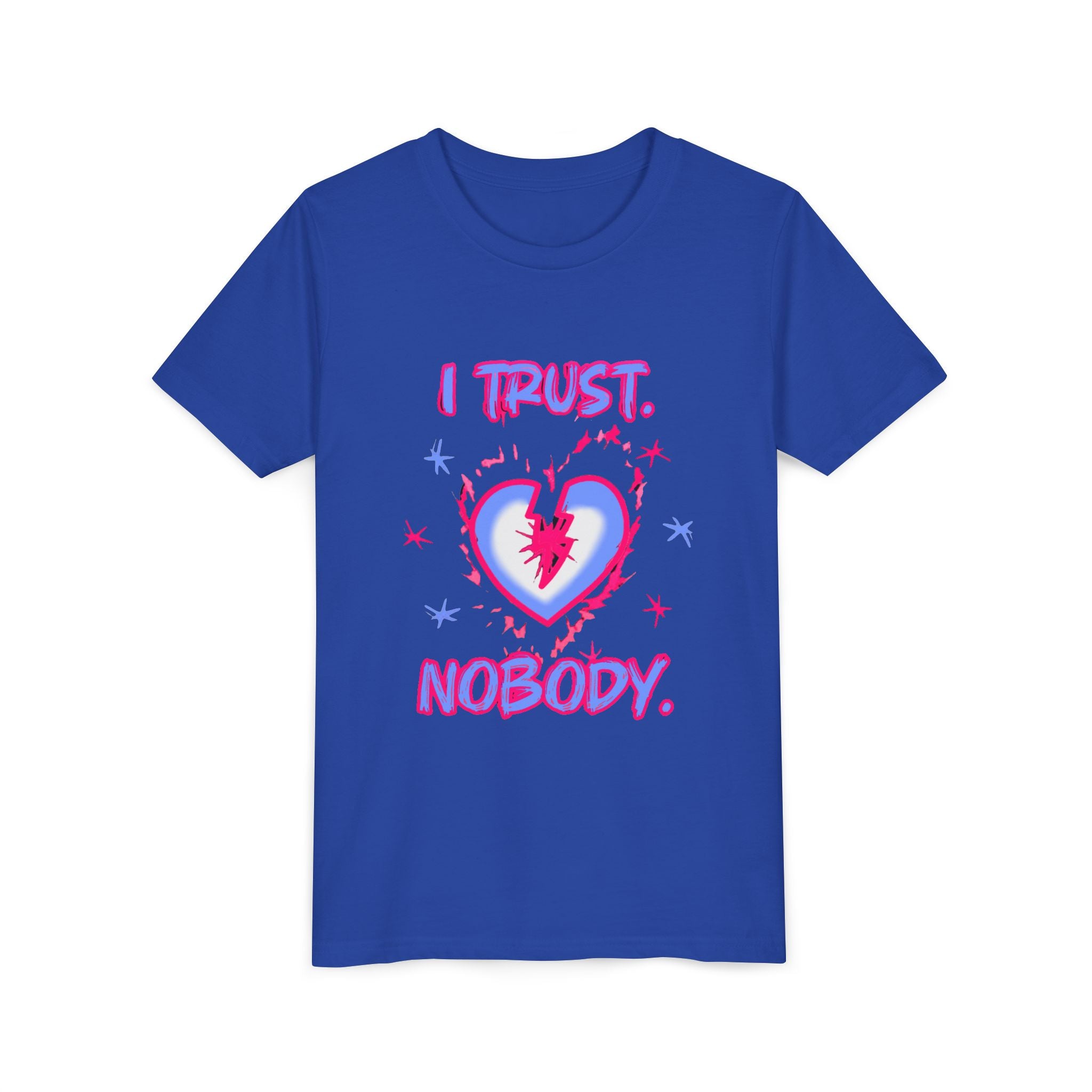 Youth Tee - 'I Trust Nobody' Neon Pink and Blue Broken Heart Graphic