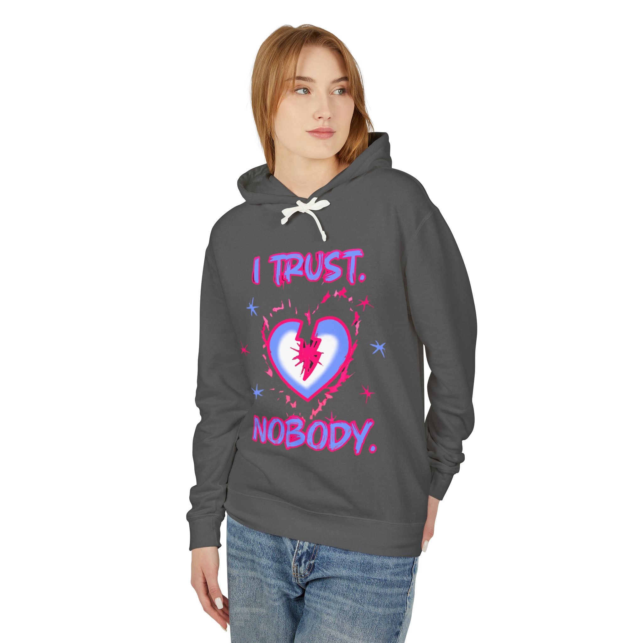 I Trust Nobody Hoodie — Neon Pink and Blue Broken Heart Graphic Hooded Sweatshirt
