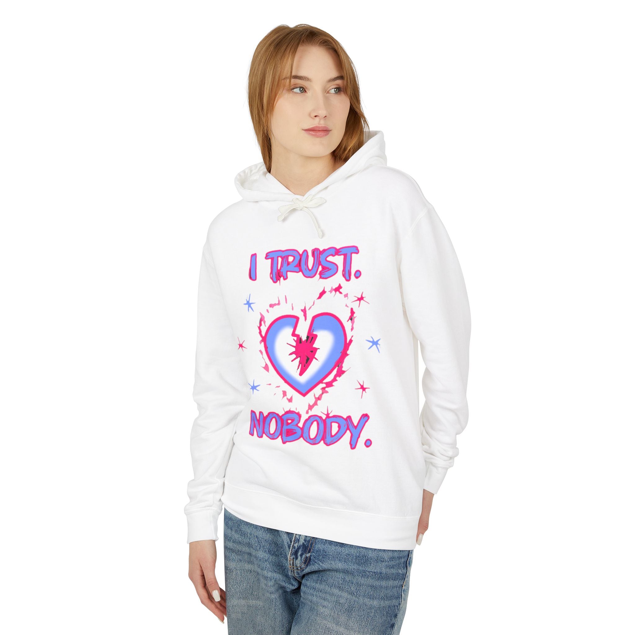 I Trust Nobody Hoodie — Neon Pink and Blue Broken Heart Graphic Hooded Sweatshirt