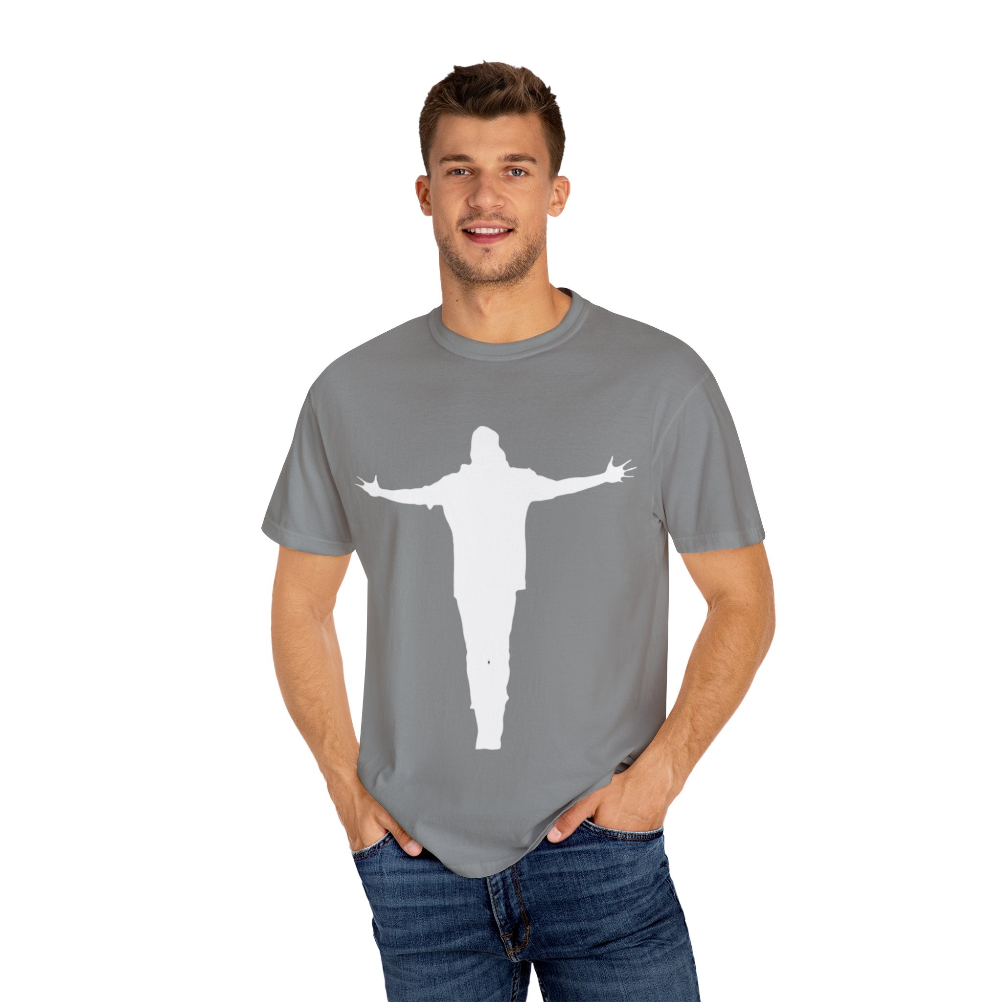 Cruciform Silhouette T-Shirt — Minimalist Jesus Outline Graphic Tee