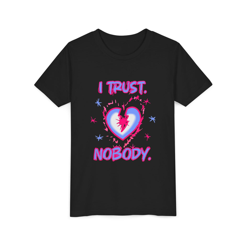 Youth Tee - 'I Trust Nobody' Neon Pink and Blue Broken Heart Graphic